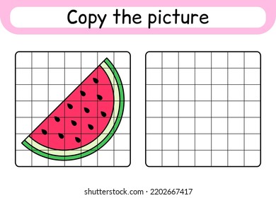 Copy the picture and color watermelon. Complete the picture. Finish the image. Coloring book. Educational drawing exercise game for children. Vector illustration