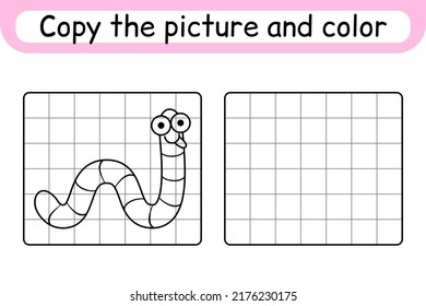 Copy the picture and color worm. Complete the picture. Finish the image. Coloring book. Educational drawing exercise game for children. Vector illustration
