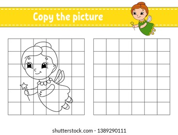 Copy the picture. Coloring book pages for kids. Education developing worksheet. Game for children. Handwriting practice. Funny character. Cute cartoon vector illustration