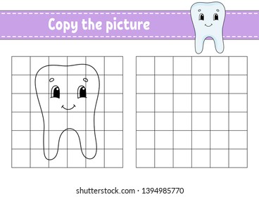 Copy the picture. Coloring book pages for kids. Education developing worksheet. Game for children. Handwriting practice. Funny character. Cute cartoon vector illustration