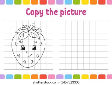 Copy the picture. Coloring book pages for kids. Education developing worksheet. Game for children. Handwriting practice. Funny character. Cute cartoon vector illustration.