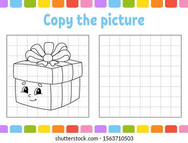 Copy the picture. Coloring book pages for kids. Education developing worksheet. Game for children. Handwriting practice. Funny character. Cute cartoon vector illustration.