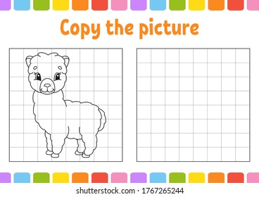 Copy the picture. Coloring book pages for kids. Education developing worksheet. Game for children. Handwriting practice. Funny character. Cute cartoon vector illustration.