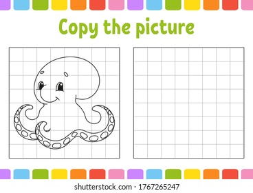 Copy the picture. Coloring book pages for kids. Education developing worksheet. Game for children. Handwriting practice. Funny character. Cute cartoon vector illustration.