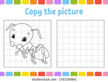 Copy the picture. Coloring book pages for kids. Education developing worksheet. Game for children. Handwriting practice. Funny character. Cute cartoon vector illustration.