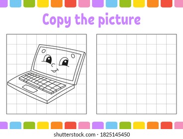 Copy the picture. Coloring book pages for kids. Education developing worksheet. Game for children. Back to school. Handwriting practice. Funny character. Cute cartoon vector illustration.