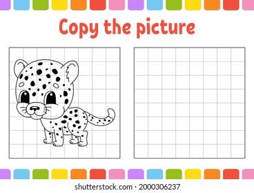 Copy the picture. Coloring book pages for kids. Education developing worksheet. Game for children. Handwriting practice. Funny character. Cute cartoon vector illustration.