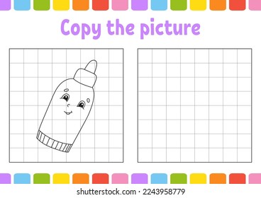 Copy the picture. Coloring book pages for kids. Education developing worksheet. Game for children. Handwriting practice. Funny character. Cute cartoon vector illustration.