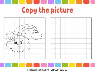 Copy the picture. Coloring book pages for kids. Education developing worksheet. Game for children. Handwriting practice. Funny character. Vector illustration.