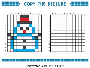 Copy the picture, complete the grid image. Educational worksheets drawing with squares, coloring cell areas. Children's preschool activities. Cartoon vector, pixel art. Snowman with hat illustration.