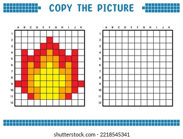 Copia la imagen, completa la imagen de la cuadrícula. Hojas de trabajo educativas dibujando con cuadrados, áreas de color. Actividades preescolares infantiles. Vector de dibujos animados, arte de píxeles. Ilustración del símbolo de incendio.