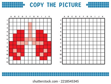 Copy the picture, complete the grid image. Educational worksheets drawing with squares, coloring cell areas. Children's preschool activities. Cartoon vector, pixel art. Lung organ symbol illustration.