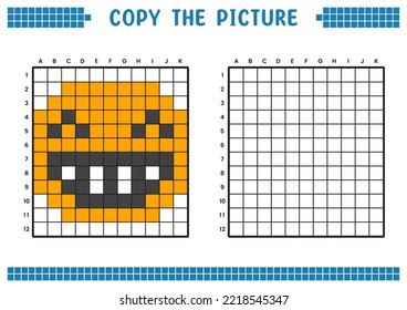 Copy the picture, complete the grid image. Educational worksheets drawing with squares, coloring areas. Children's preschool activities. Cartoon vector, pixel art. Grinning smiley face illustration.
