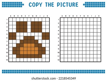 Copy the picture, complete the grid image. Educational worksheets drawing with squares, coloring cell areas. Children's preschool activities. Cartoon vector, pixel art. Animal paw symbol illustration.