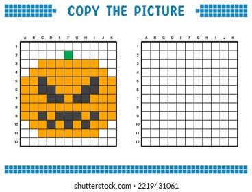 Copy the picture, complete the grid image. Educational worksheets drawing with squares, coloring cell areas. Children's preschool activities. Cartoon vector, pixel art. Halloween pumpkin illustration.