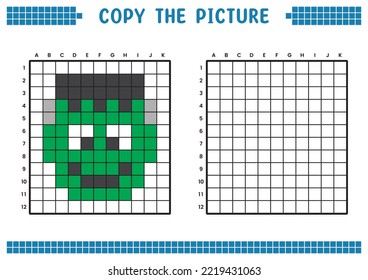 Copy the picture, complete the grid image. Educational worksheets drawing with squares, coloring cell areas. Children's preschool activities. Cartoon vector, pixel art. Frankenstein illustration.