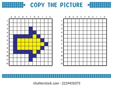 Copia la imagen, completa la imagen de la cuadrícula. Hojas de trabajo educativas dibujando con cuadrados, áreas de color. Actividades preescolares infantiles. Vector de dibujos animados, arte de píxeles. Símbolo de ilustración de flecha derecha.