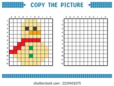 Copy the picture, complete the grid image. Educational worksheets drawing with squares, coloring cell areas. Children's preschool activities. Cartoon vector, pixel art. Illustration of a snowman.