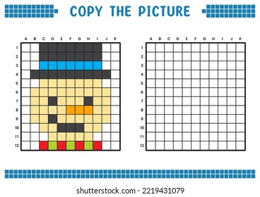 Copy the picture, complete the grid image. Educational worksheets drawing with squares, coloring cell areas. Children's preschool activities. Cartoon vector, pixel art. Illustration of a snowman.