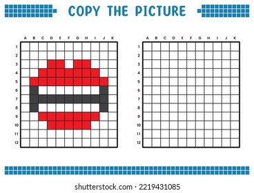 Copy the picture, complete the grid image. Educational worksheets drawing with squares, coloring cell areas. Children's preschool activities. Cartoon vector, pixel art. Illustration of lips and teeth.