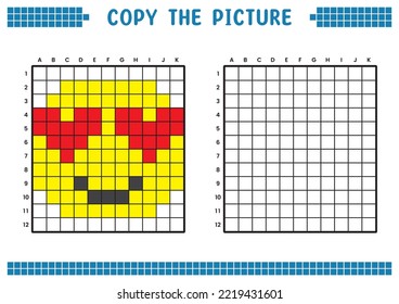 Copy the picture, complete the grid image. Educational worksheets drawing with squares, coloring cell areas. Children's preschool activities. Cartoon vector, pixel art. Illustration of a face in love.