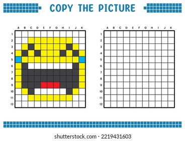 Copy the picture, complete the grid image. Educational worksheets drawing with squares, coloring areas. Children's preschool activities. Cartoon vector, pixel art. Illustration of laughing expression.