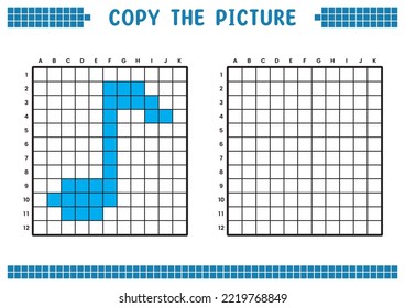 Copy the picture, complete the grid image. Educational worksheets drawing with squares, coloring areas. Children's preschool activities. Cartoon vector, pixel art. Musical notes symbol illustration.