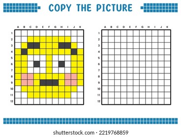 Copy the picture, complete the grid image. Educational worksheets drawing with squares, coloring areas. Children's preschool activities. Cartoon vector, pixel art. Surprised expression illustration.