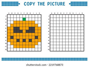Copy the picture, complete the grid image. Educational worksheets drawing with squares, coloring cell areas. Children's preschool activities. Cartoon vector, pixel art. Halloween pumpkin illustration.