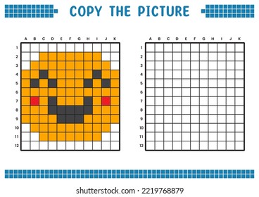 Copy the picture, complete the grid image. Educational worksheets drawing with squares, coloring areas. Children's preschool activities. Cartoon vector, pixel art. Happy smiling face illustration.