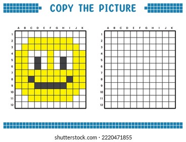 Kopieren Sie das Bild, vervollständigen Sie das Rasterbild. Bildungs-Arbeitsblätter zeichnen mit Quadraten, färben Zellbereiche. Kindervorschulaktivitäten. Cartoon-Vektorgrafik, Pixelkunst. Illustration eines lächelnden Gesichts.