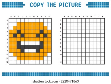 Copy the picture, complete the grid image. Educational worksheets drawing with squares, coloring cell areas. Children's preschool activities. Cartoon vector, pixel art. Illustration of laughing face.