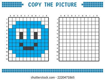 Copy the picture, complete the grid image. Educational worksheets drawing with squares, coloring cell areas. Children's preschool activities. Cartoon vector, pixel art. Illustration of a smiling face.