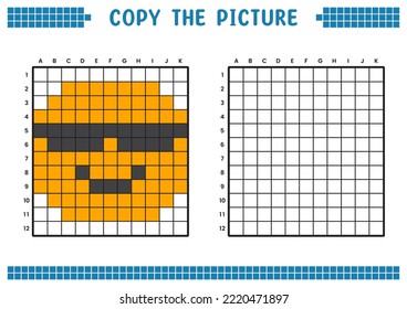 Copy the picture, complete the grid image. Educational worksheets drawing with squares, coloring areas. Children's preschool activities. Cartoon vector, pixel art. Illustration of a face with glasses.