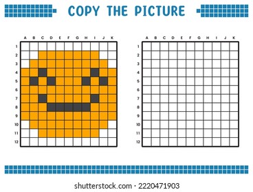 Copy the picture, complete the grid image. Educational worksheets drawing with squares, coloring cell areas. Children's preschool activities. Cartoon vector, pixel art. Illustration of a smiling face.