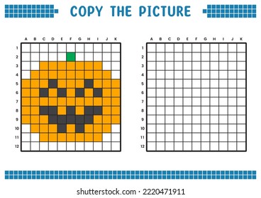 Copy the picture, complete the grid image. Educational worksheets drawing with squares, coloring cell areas. Children's preschool activities. Cartoon vector, pixel art. Halloween pumpkin illustration.