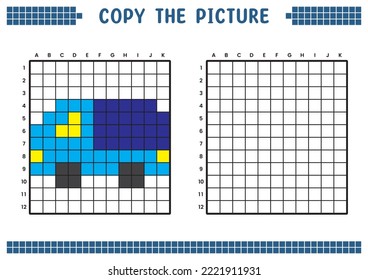 Copy the picture, complete the grid image. Educational worksheets drawing with squares, coloring cell areas. Children's preschool activities. Cartoon vector, pixel art. Car carrier illustration.