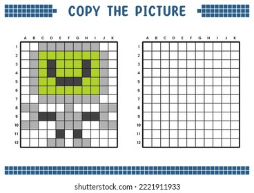 Copy the picture, complete the grid image. Educational worksheets drawing with squares, coloring cell areas. Children's preschool activities. Cartoon vector, pixel art. Computer robot illustration.