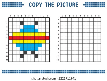 Copia la imagen, completa la imagen de la cuadrícula. Hojas de trabajo educativas dibujando con cuadrados, coloreando áreas celulares. Actividades preescolares infantiles. Vector de dibujos animados, arte de píxeles. Ilustración de plano OVNI.