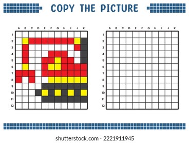 Copy the picture, complete the grid image. Educational worksheets drawing with squares, coloring areas. Children's preschool activities. Cartoon vector, pixel art. Clamshell excavator illustration.