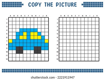 Copy the picture, complete the grid image. Educational worksheets drawing with squares, coloring cell areas. Children's preschool activities. Cartoon vector, pixel art. Mini car illustration.