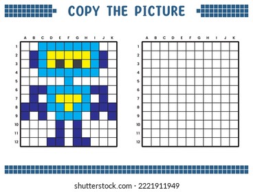 Copy the picture, complete the grid image. Educational worksheets drawing with squares, coloring cell areas. Children's preschool activities. Cartoon vector, pixel art. Super robot illustration.