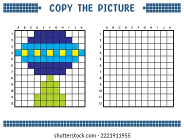 Copia la imagen, completa la imagen de la cuadrícula. Hojas de trabajo educativas dibujando con cuadrados, coloreando áreas celulares. Actividades preescolares infantiles. Vector de dibujos animados, arte de píxeles. Ilustración de plano OVNI.