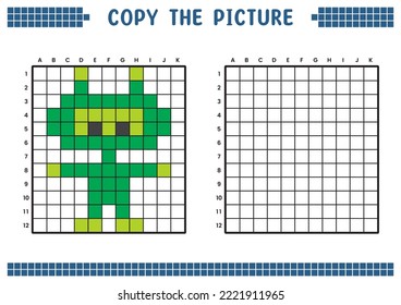 Copy the picture, complete the grid image. Educational worksheets drawing with squares, coloring cell areas. Children's preschool activities. Cartoon vector, pixel art. Alien robot doll illustration.