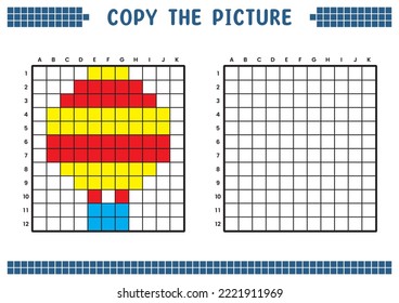 Copy the picture, complete the grid image. Educational worksheets drawing with squares, coloring areas. Children's preschool activities. Cartoon vector, pixel art. Hot air balloon illustration.