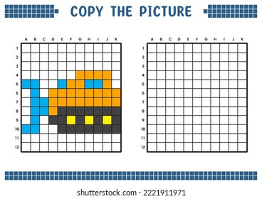 Copy the picture, complete the grid image. Educational worksheets drawing with squares, coloring areas. Children's preschool activities. Cartoon vector, pixel art. Construction vehicle, bulldozer.
