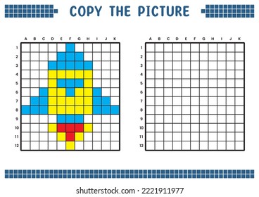 Copy the picture, complete the grid image. Educational worksheets drawing with squares, coloring cell areas. Children's preschool activities. Cartoon vector, pixel art. Space rocket illustration.