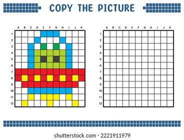 Copy the picture, complete the grid image. Educational worksheets drawing with squares, coloring cell areas. Children's preschool activities. Cartoon vector, pixel art. UFO and alien illustration.