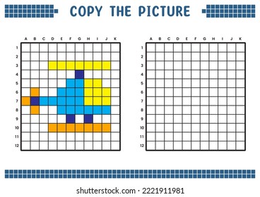 Copy the picture, complete the grid image. Educational worksheets drawing with squares, coloring areas. Children's preschool activities. Cartoon vector, pixel art. Helicopter airplane illustration.