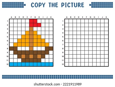 Copia la imagen, completa la imagen de la cuadrícula. Hojas de trabajo educativas dibujando con cuadrados, coloreando áreas celulares. Actividades preescolares infantiles. Vector de dibujos animados, arte de píxeles. Ilustración de barcos piratas.